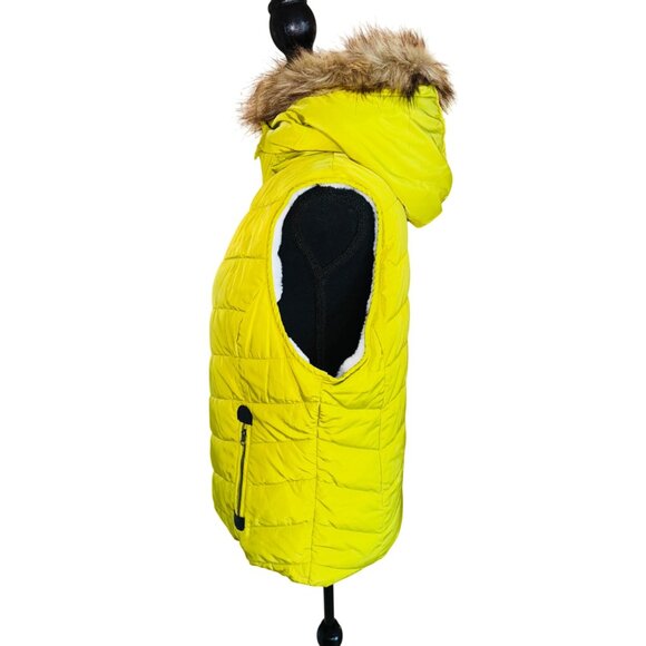 Green Tea Womens Avocado YelloPuffer Vest With Faux Fur Hood & Zip Pockets Size - Picture 4 of 12